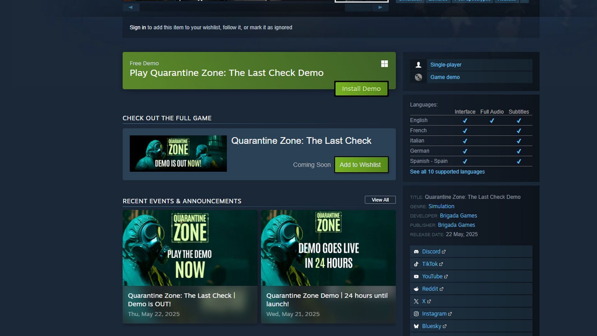 Hover your mouse to install the Quarantine Zone: The Last Check Demo (Image via Steam)